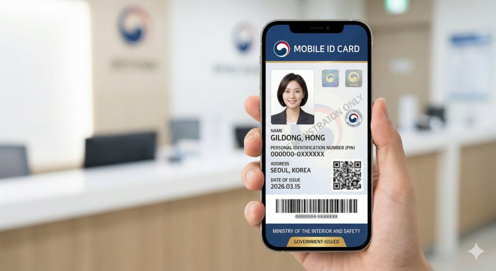 2026년 행정안전부 모바일 신분증 앱 발급 화면 샘플 (QR코드 및 가상 개인정보 예시)