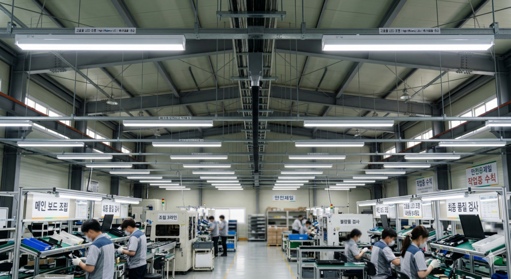 2026년 에너지 이용 합리화 자금 지원 대상인 공장 내 고효율 LED 조명 설치 모습