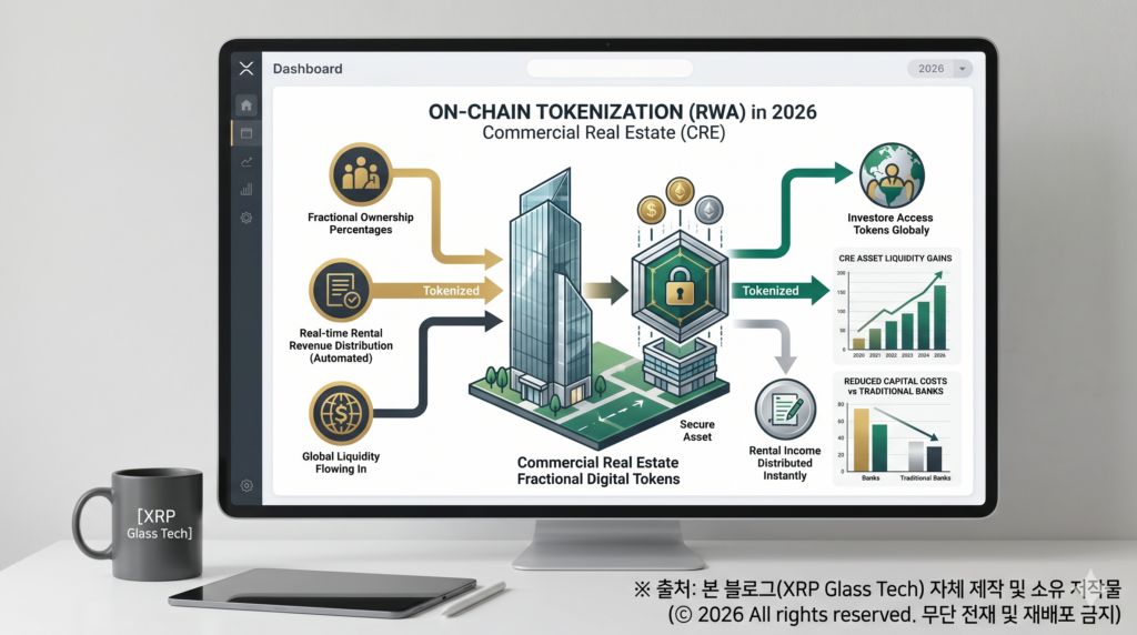 2026년 상업용 부동산(CRE) 건물과 디지털 토큰의 결합, 온체인 실물 자산 유동화(RWA) 및 스마트 컨트랙트 임대 수익 배분 거시경제 분석 인포그래픽