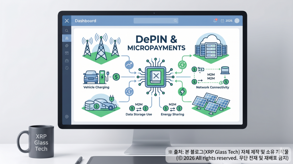 2026년 탈중앙화 물리적 인프라(DePIN)와 리플 레저(XRPL)의 초저비용 기계 간(M2M) 마이크로 페이먼트 결제망 융합을 보여주는 거시경제 인포그래픽