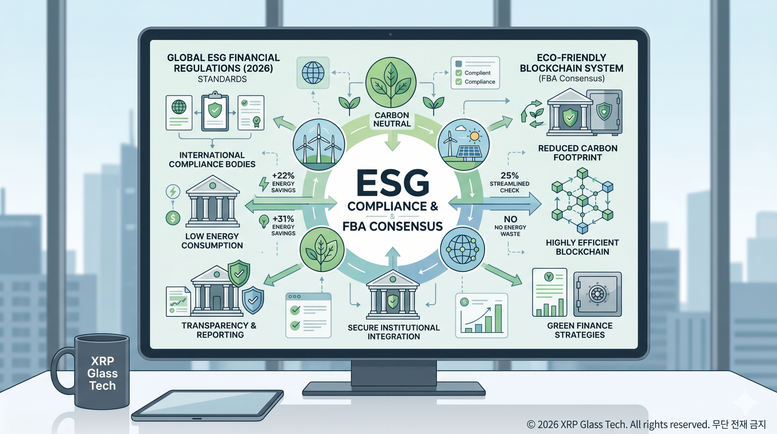 2026년 글로벌 ESG 금융 규제 및 탄소 중립 블록체인 표준인 리플 레저(XRPL)의 연합 비잔틴 합의(FBA) 알고리즘 에너지 효율성 분석도