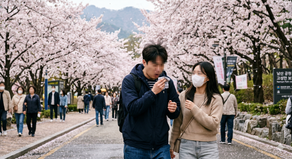 경남 고성군 남산공원 벚꽃 터널 아래에서 마스크를 쓰고 꽃가루 알레르기 비염을 걱정하는 연인의 모습