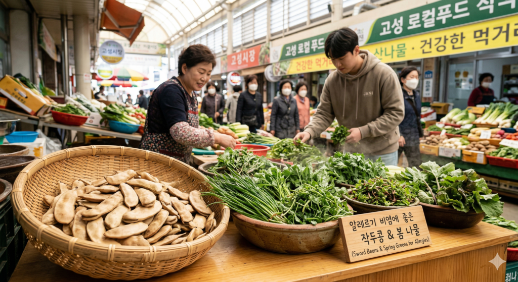 경남 고성군 고성시장에서 비염에 좋은 작두콩과 싱싱한 봄 제철 나물을 고르고 있는 상인과 손님의 모습