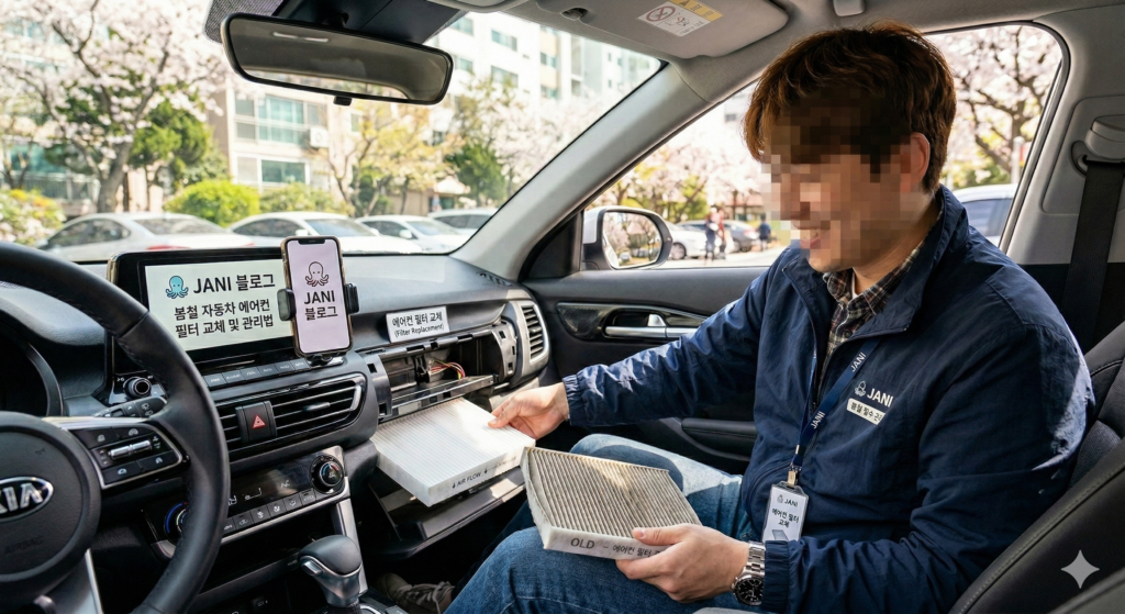 봄철 자동차 에어컨 필터를 셀프로 교체하고 있는 모습과 오염된 필터 비교 사진
