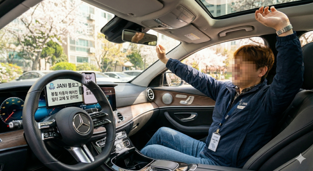 봄철 운전 중 춘곤증 예방을 위해 차 안에서 기지개를 켜며 스트레칭하는 모습과 따뜻한 햇살 풍경