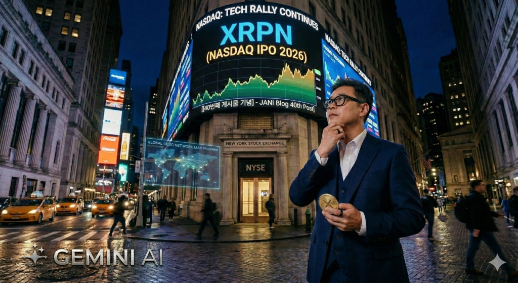 뉴욕 월스트리트에서 에버노스(Evernorth)의 XRPN 나스닥 상장 전광판을 보며 거대 기관의 자본 흐름을 분석하는 금융 전략가 쟈니