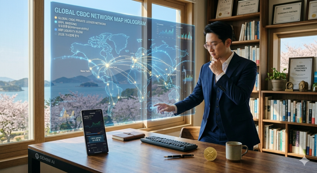 고성의 개인 집무실에서 글로벌 CBDC 네트워크 홀로그램 지도를 분석하며 리플(XRPL)의 브릿지 통화 가치를 전망하는 거시경제 전문가 쟈니