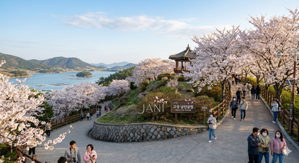 경남 고성군 남산공원에서 바라본 바다 전망과 흐드러지게 핀 벚꽃 산책로 전경