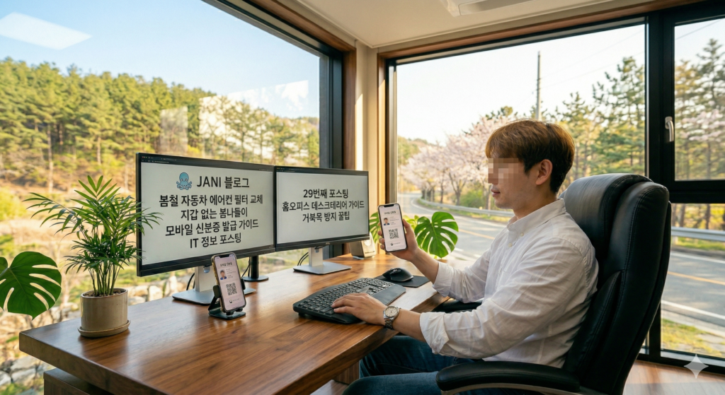 벚꽃이 보이는 풍경 좋은 서재에서 흰 셔츠를 입고 듀얼 모니터와 공기정화 식물이 놓인 원목 책상에 앉아 작업하는 쟈니의 모습