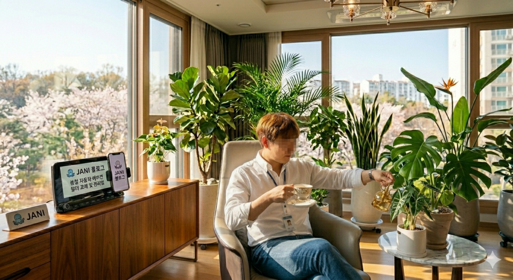 ๊ณ ๊ธ์ค๋ฌ์ด ๊ฑฐ์ค์์ ํฐ ์
์ธ ๋ฅผ ์
๊ณ ์๋ ์นด์ผ์์ ๋ชฌ์คํ
๋ผ ๋ฑ ๊ณต๊ธฐ์ ํ ์๋ฌผ์ ๋ฌผ์ ์ฃผ๋ฉฐ ์ฐจ๋ฅผ ๋ง์๋ JANI์ ๋ชจ์ต