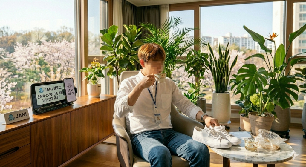 벚꽃이 보이는 고급스러운 거실에서 흰 셔츠를 입고 깨끗해진 운동화를 흐뭇하게 바라보며 차를 마시는 쟈니의 모습
