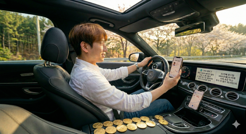 벤츠 운전석에서 XRP 실시간 차트와 시세를 확인하며 황금색 리플 코인들과 함께 있는 지적인 자산가 쟈니의 모습