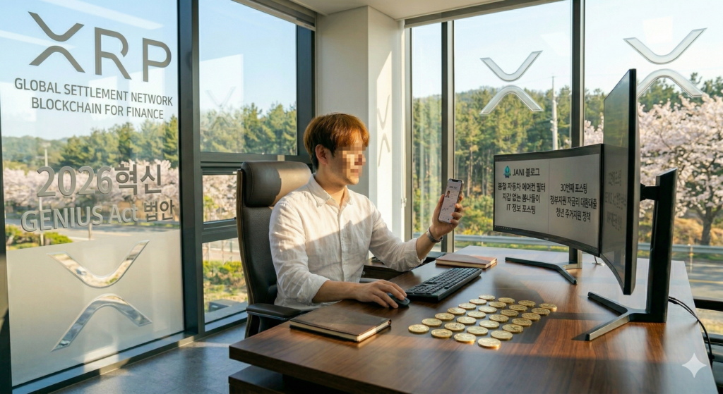 XRP 로고와 GENIUS Act 문구가 새겨진 사무실에서 태블릿으로 리플 시세를 분석하며 황금 코인들을 확인하는 전문가 쟈니의 모습