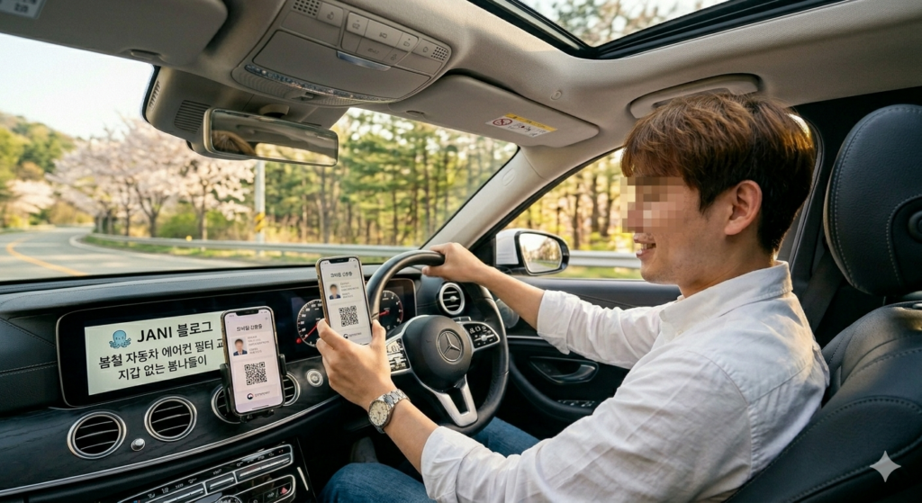 고급스러운 벤츠 운전석에서 흰 셔츠를 입고 스마트폰으로 모바일 신분증 QR 코드를 보여주는 쟈니의 모습