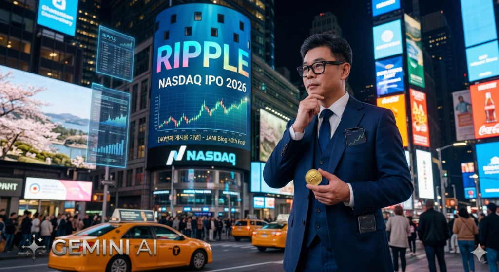 뉴욕 나스닥 전광판 앞에서 리플(Ripple) IPO 투자설명서와 황금 XRP 코인을 들고 서 있는 스마트 금융 전략가 쟈니의 모습