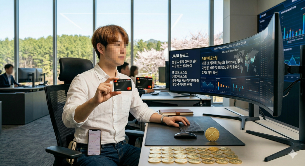 하이테크 오피스에서 리플 트레저리(Ripple Treasury) 통합 재무 관리 대시보드를 분석하며 글로벌 유동성을 모니터링하는 전문가 쟈니의 모습