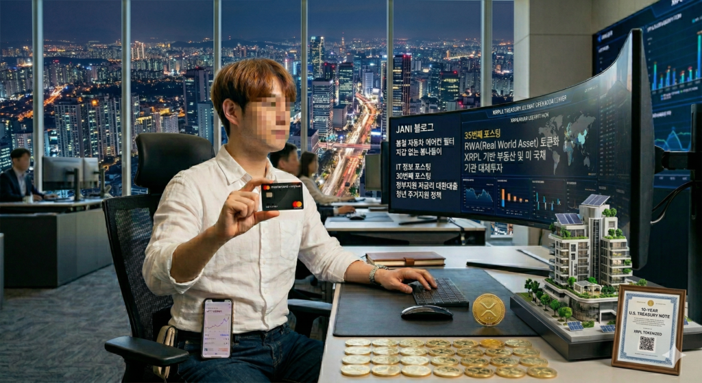 화려한 도심 야경이 내려다보이는 초고층 오피스에서 RWA 토큰화된 부동산 모형과 미 국채 증서를 분석하며 리플(XRPL) 생태계를 모니터링하는 전문가 쟈니