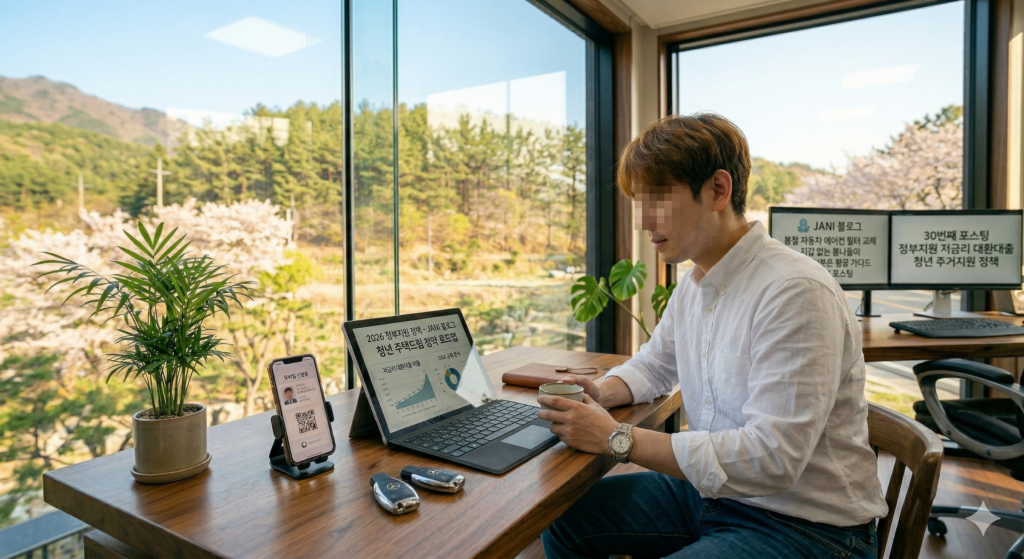 벚꽃이 보이는 창가 책상에서 흰 셔츠를 입은 쟈니가 태블릿으로 2026 정부지원 정책 로드맵을 분석하며 차를 마시는 모습