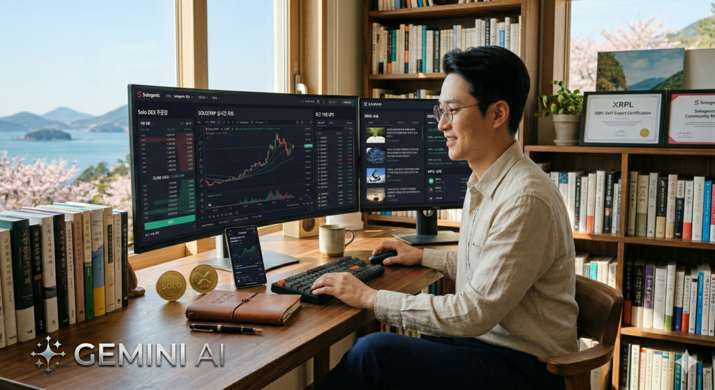 고성의 개인 서재에서 듀얼 모니터로 솔로덱스(Solo DEX) 호가창을 분석하며 탈중앙화 매매를 준비하는 스마트 트레이더 쟈니