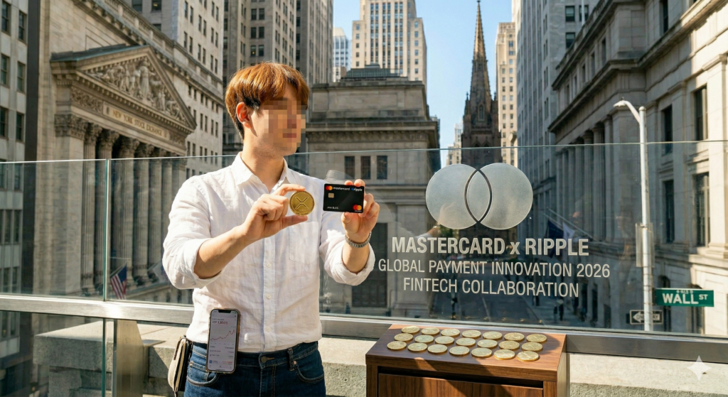 뉴욕 월가를 배경으로 마스터카드와 XRP 코인을 들고 서 있는 글로벌 금융 전문가 쟈니의 모습