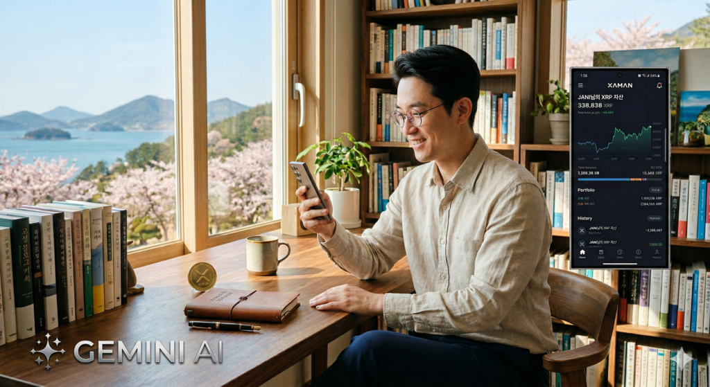 화창한 봄날 고성의 개인 서재에서 XAMAN(숨) 지갑 앱으로 XRP와 디지털 자산을 안전하게 관리하는 스마트 투자자 쟈니의 모습