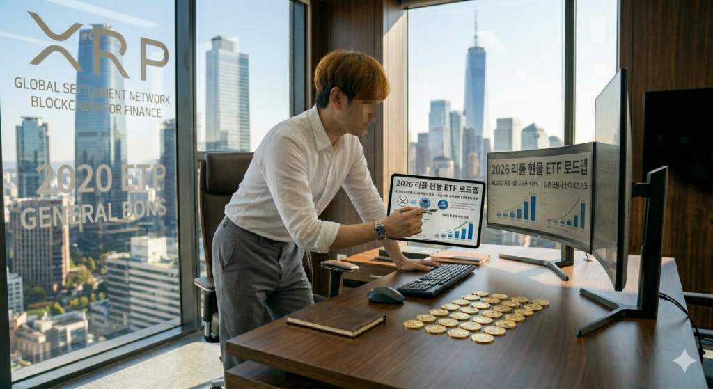 금융가 마천루가 보이는 사무실에서 2026 리플 현물 ETF 로드맵과 RWA 시장 결합 전략을 분석하는 자산 전략가 쟈니의 모습