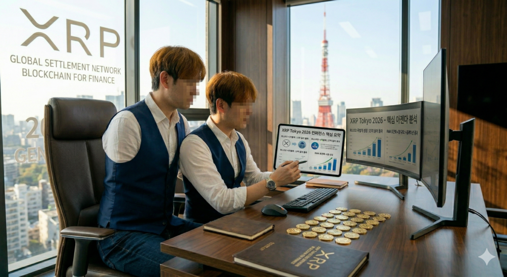 도쿄 타워가 보이는 라운지에서 XRP Tokyo 2026 컨퍼런스 핵심 의제를 분석하며 태블릿 차트를 확인하는 전문가 쟈니의 모습