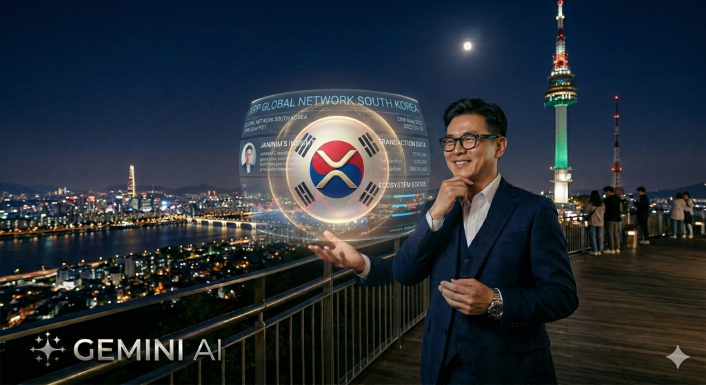 서울 남산타워 야경을 배경으로 태극 문양의 XRP 글로벌 네트워크 홀로그램을 띄우고 한국 시장을 분석하는 금융 전략가 쟈니
