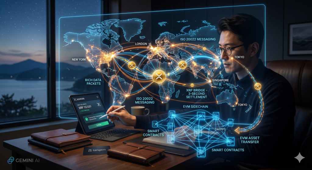 고성의 서재에서 전 세계 SWIFT 망과 ISO 20022 국제 표준을 통해 3초 만에 국경을 넘나드는 XRP 글로벌 결제 네트워크와 EVM 사이드체인 홀로그램을 분석하는 금융 전문가 쟈니