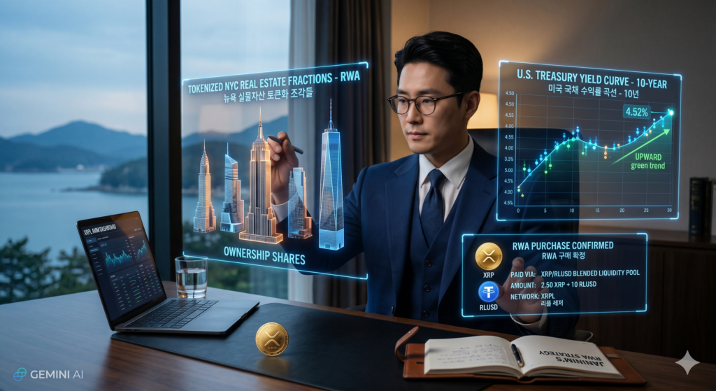 고성의 서재에서 리플 레저(XRPL) 기반의 뉴욕 부동산 토큰화(RWA) 조각들과 미국 국채 수익률 홀로그램을 분석하며 XRP와 RLUSD로 투자하는 금융 전문가 쟈니