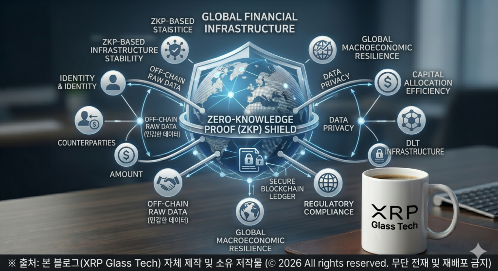 전 세계 금융 네트워크를 형상화한 디지털 지구본을 배경으로 전통적인 민감 금융 데이터들이 영지식 증명(ZKP) 기술을 통해 암호화된 '증명'으로 변환되어 분산 원장 기술(DLT) 위에서 안전하게 처리되는 기술 구조를 설명하는 학술 인포그래픽