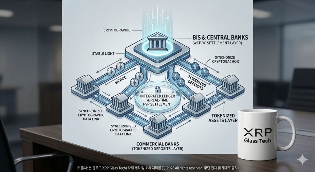 국제결제은행(BIS) 아고라(Agorá) 프로젝트의 통합 원장(Unified Ledger) 구조 내에서 도매형 CBDC(wCBDC)와 시중은행 토큰화 예금이 스마트 계약을 통해 실시간 원자적 정산 및 크로스보더 PvP 결제를 수행하는 아키텍처 학술 인포그래픽