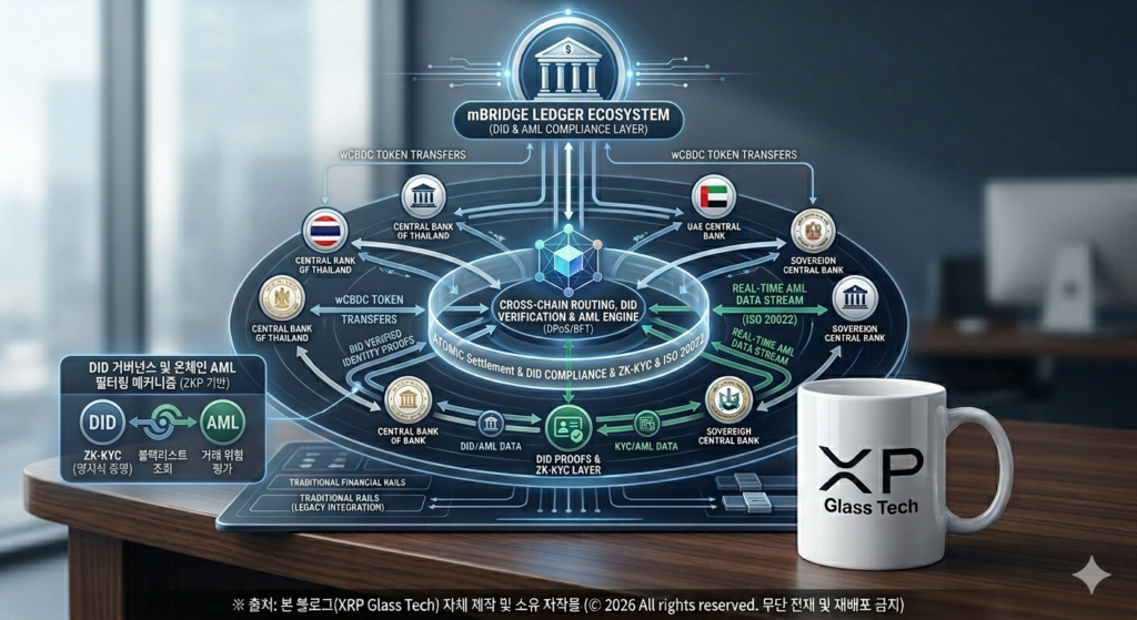 다자간 CBDC 플랫폼 mBridge 내부에서 영지식 증명(ZKP) 기반의 크로스체인 DID 신원 검증과 스마트 계약 기반의 실시간 AML 컴플라이언스 엔진이 연동되어 안전하게 원자적 정산을 처리하는 기술적 아키텍처 인포그래픽
