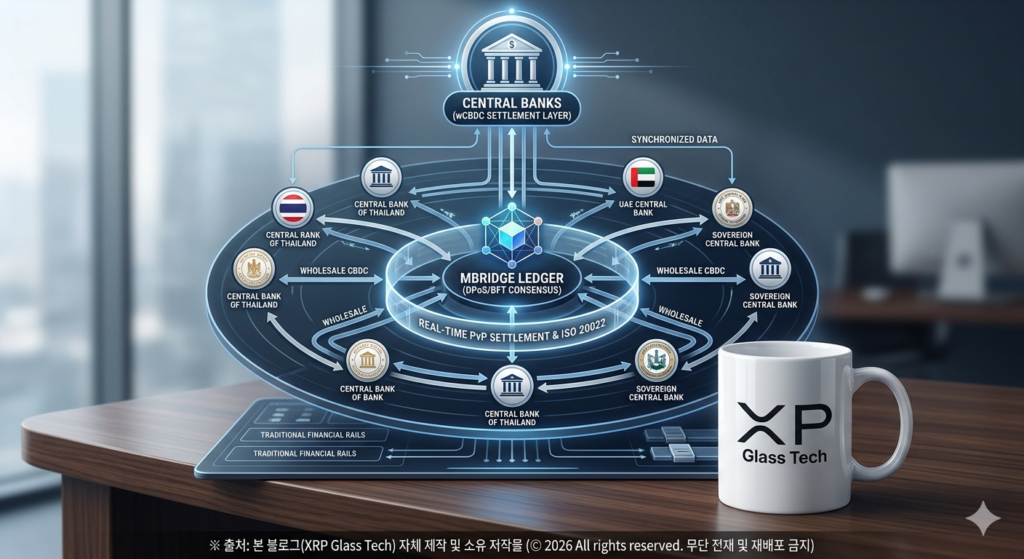 국제결제은행(BIS)과 주요국 중앙은행들이 참여하는 mBridge 허가형 분산 원장 플랫폼 위에서 다자간 도매형 CBDC가 스마트 계약을 통해 실시간 외환 동시결제(PvP)를 수행하는 구조를 시각화한 학술 인포그래픽